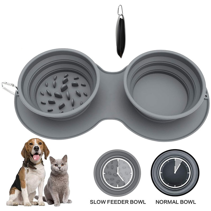 portable silicone double dog cat food bowl