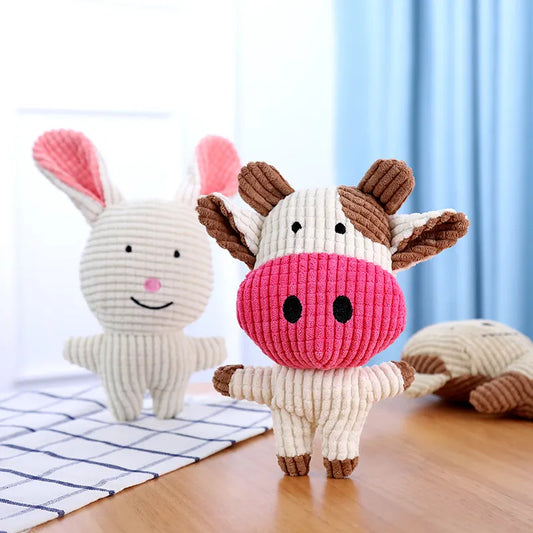 Squeaky Plush Toys: Cow, Rabbit, Squirrel