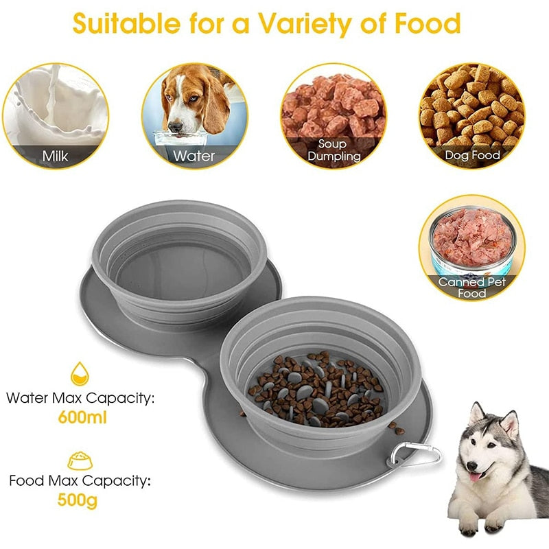 Portable Silicone Double Dog Cat Food Bowl