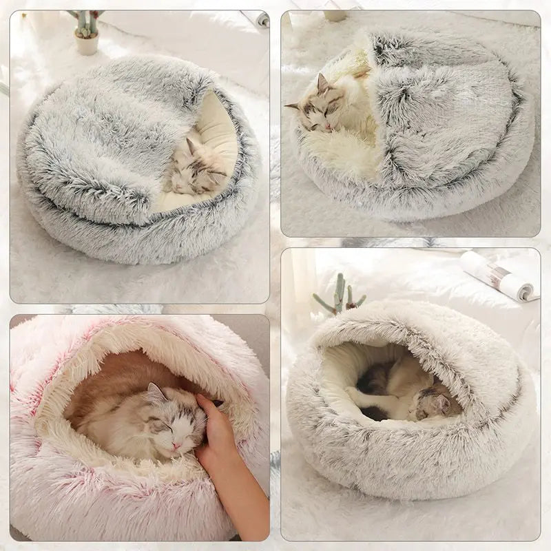 Plush Round Pet Bed with Hood