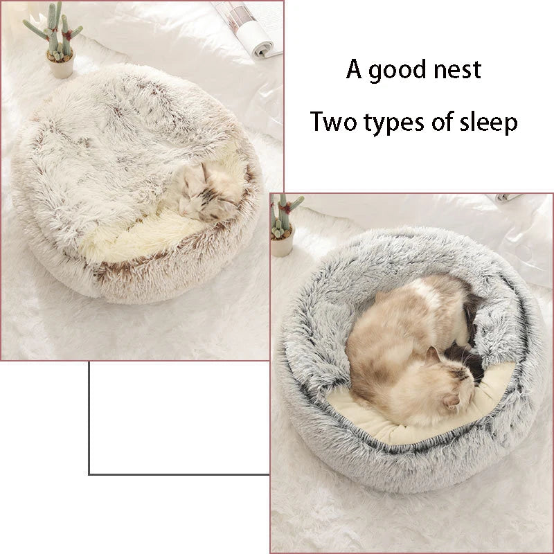 Plush Round Pet Bed with Hood