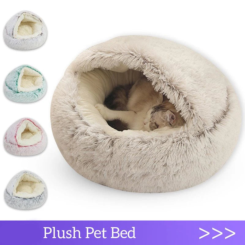 Soft Plush Cat Bed: Round Sleeping Nest Cave with Cover