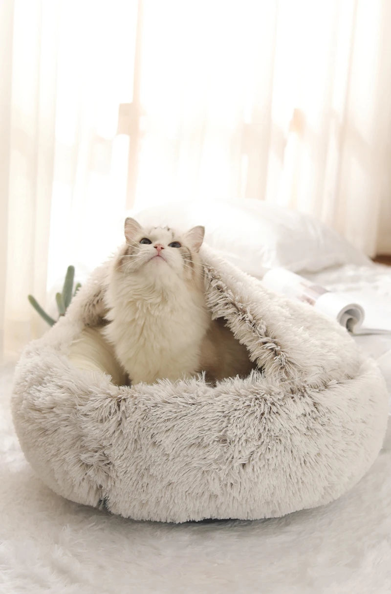 Plush Round Pet Bed with Hood