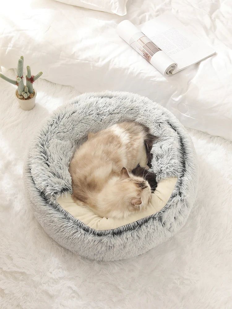 Plush Round Pet Bed with Hood