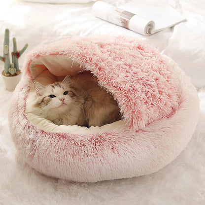 Plush Round Pet Bed with Hood