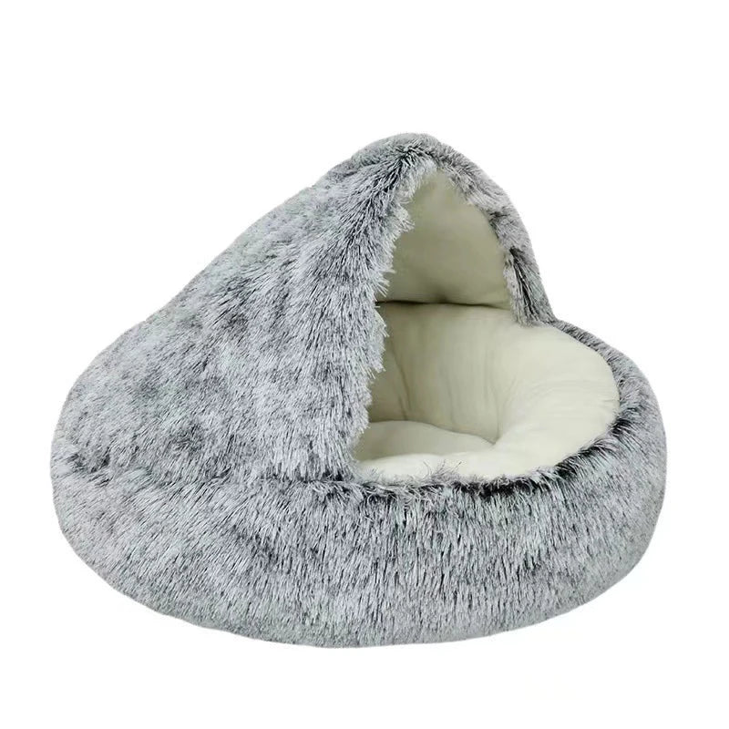 Soft Plush Cat Bed: Round Sleeping Nest Cave with Cover