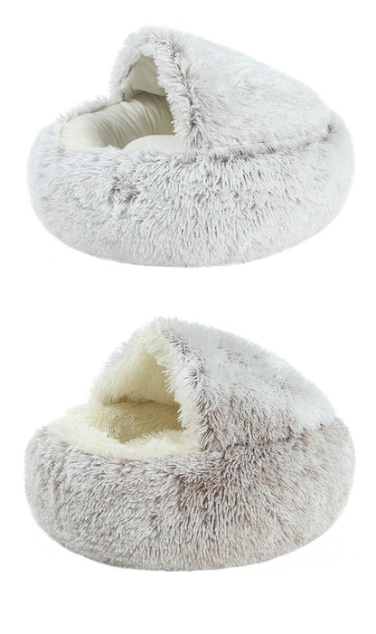 Plush Round Pet Bed with Hood